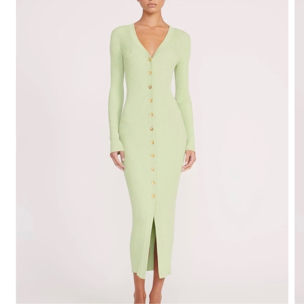 STAUD Mint Green Long Sleeve Ribbed Dress